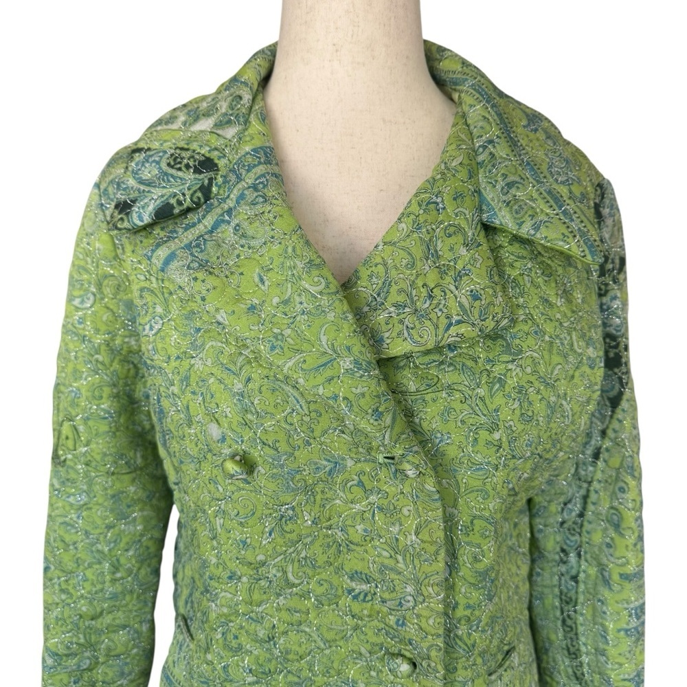 Vintage 90s y2k Tracy Feith Silk Green Paisley Quilted Blazer Jacket sz 2 XS - Picture 2 of 13